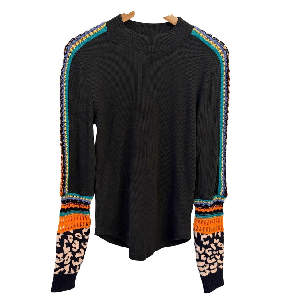 Free People Switch It Up Mock Neck Thermal Top M Leopard Crochet Mixed Media - Picture 4 of 13